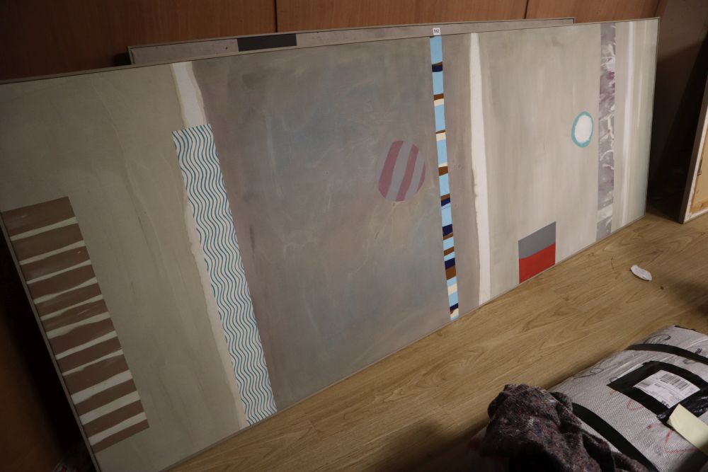 Three large contemporary oil on canvas abstract panels, pair overall height 106 x 284cm and one overall 104 x 201cm